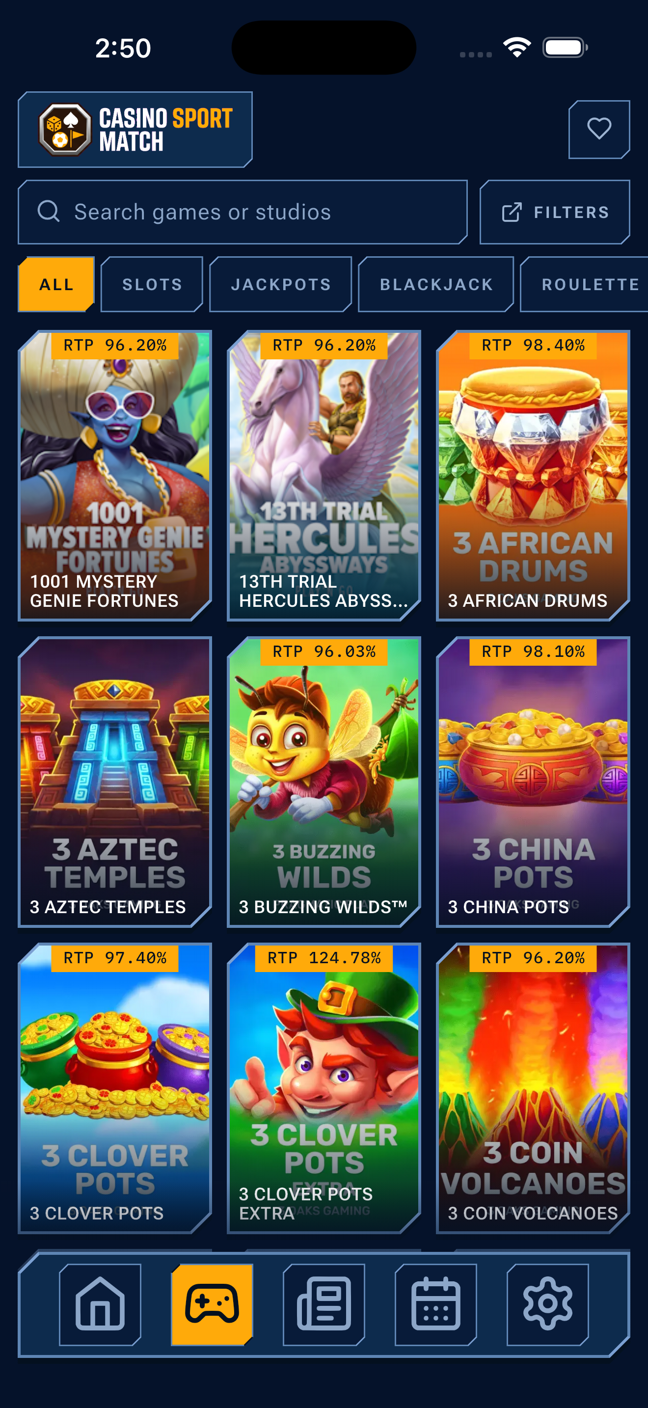 Games lobby screen